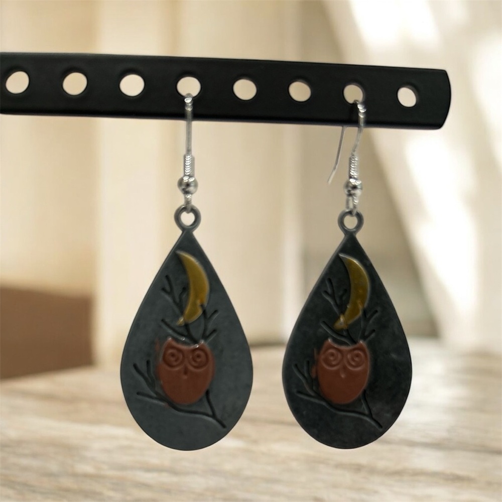 Whimsical Owl Drop Earrings in Gray and Orange